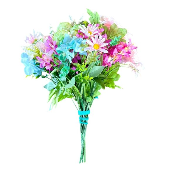 Upcycled Handcrafted Artificial Floral Arrangement Blue Green Pink Flowers OOAK - Picture 10 of 17